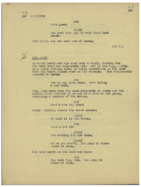 Moe Howard's Partial Script for The Three Stooges 1935 Film ''Three Little Beers'' -- Four Pages of Script With Annotations in Moe's Hand -- Closed Tear & Chipping to First Page, Else Very Good